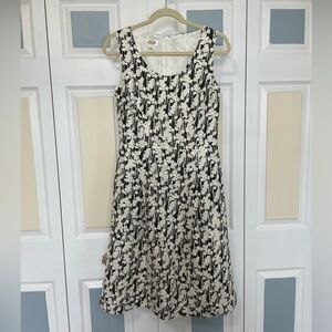 Talbots Dress Petite Black White Floral 100% Linen Lined Zip Back A-Line Size‎ 8